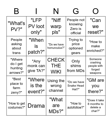 Project Zero Bingo Card