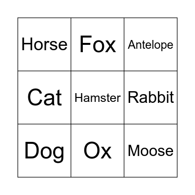Animal Bingo Card