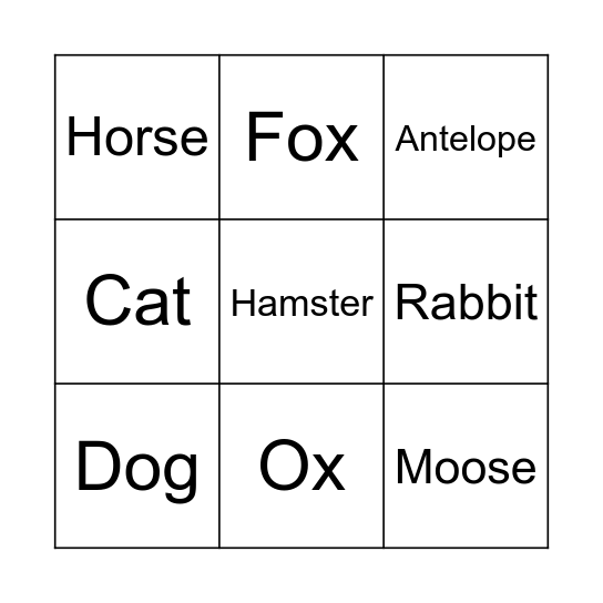 Animal Bingo Card