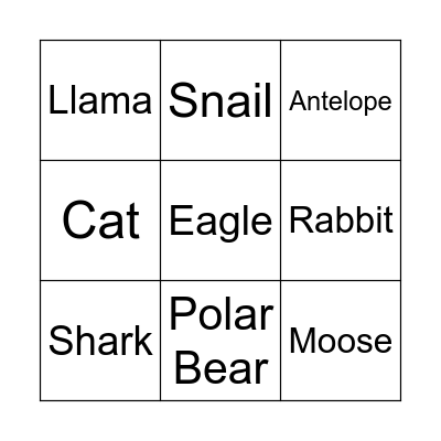 Animal Bingo Card