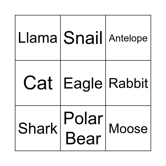 Animal Bingo Card