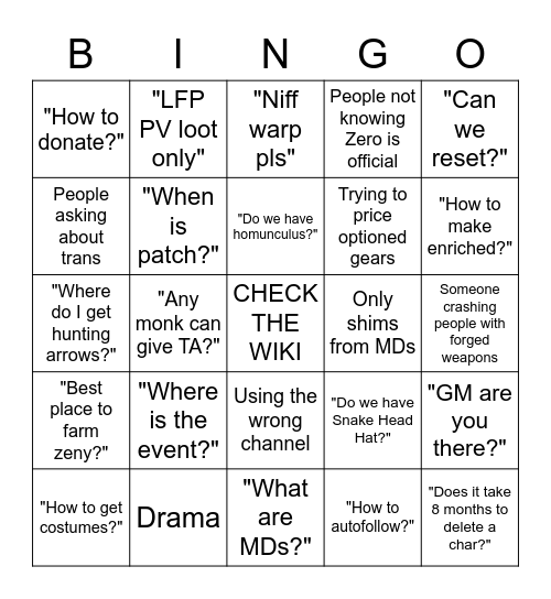 Project Zero Bingo Card