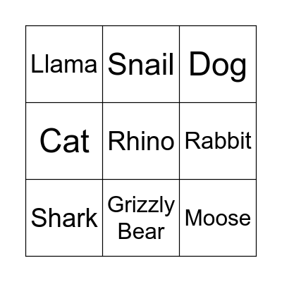Animal Bingo Card