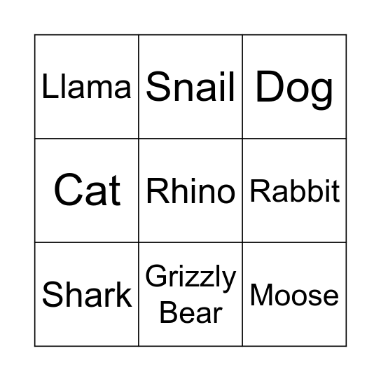 Animal Bingo Card