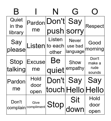 M A N N E R S  Bingo Card