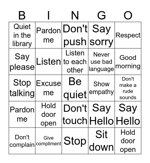 M A N N E R S  Bingo Card
