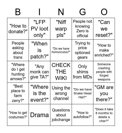 Project Zero Bingo Card