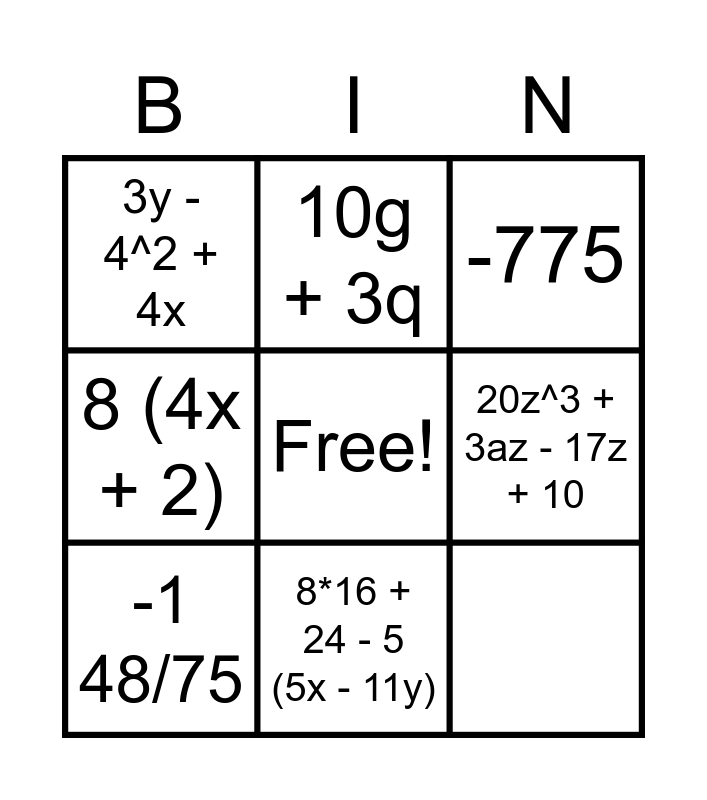 Algebraic Expression Bingo Card