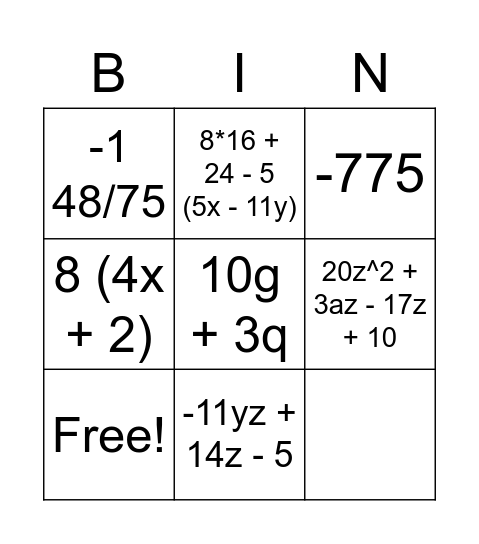 Algebraic Expressions Bingo Card