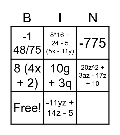 Algebraic Expressions Bingo Card