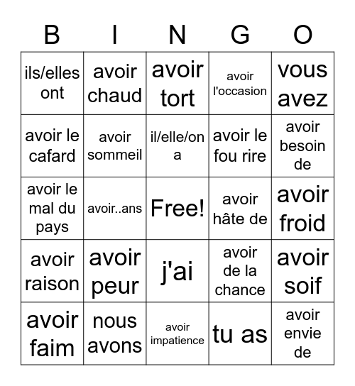 Avoir et ses phrases Bingo Card