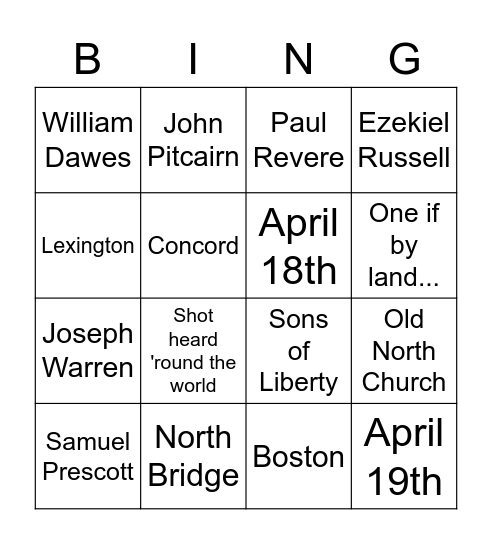 Battle of Lexington and Concord Bingo Card