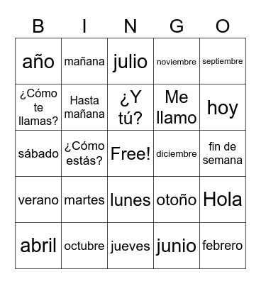 Meses, dias de la semana & mas, estaciones, & saludos Bingo Card