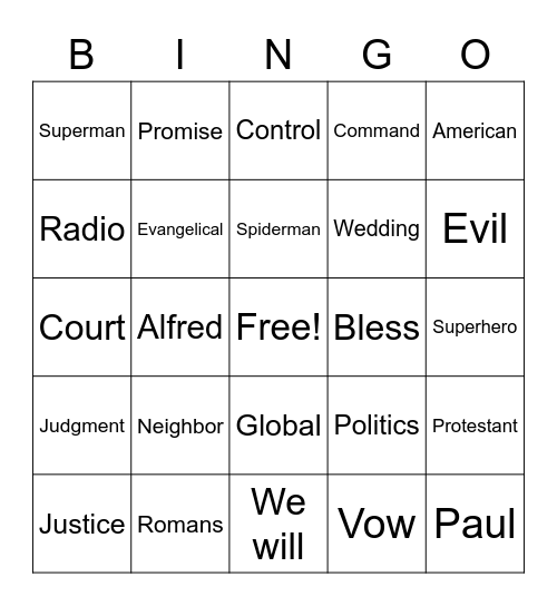 RLLA Sunday Morning Bingo Card