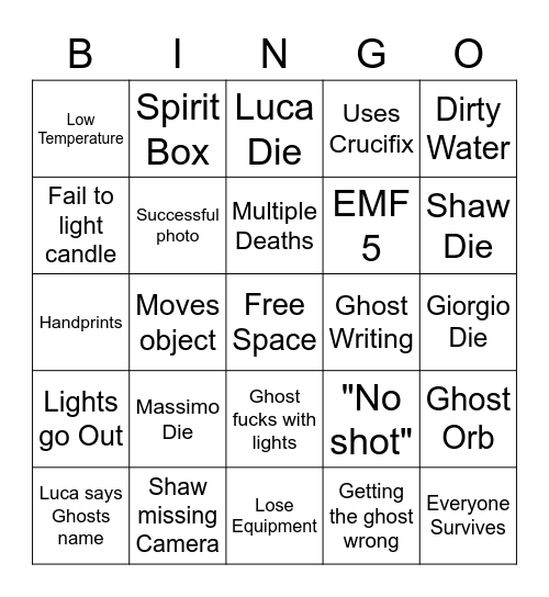 Ghost Bingo Card