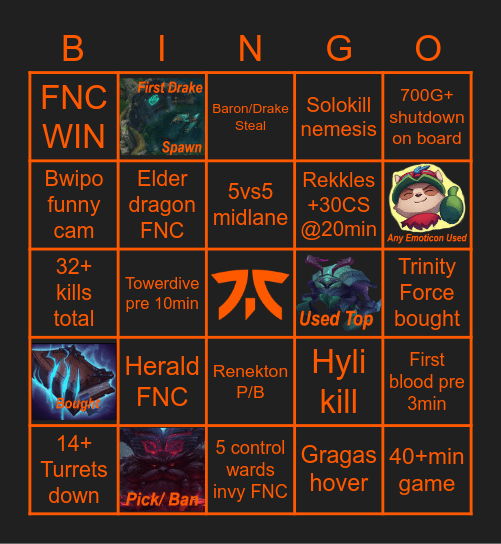 Worlds FNC vs LGD Bingo Card