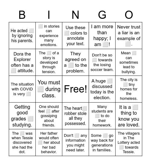 THE LOTTERY VOCAB & ACADEMIC VOCAB SETS 1 & 2 Bingo Card