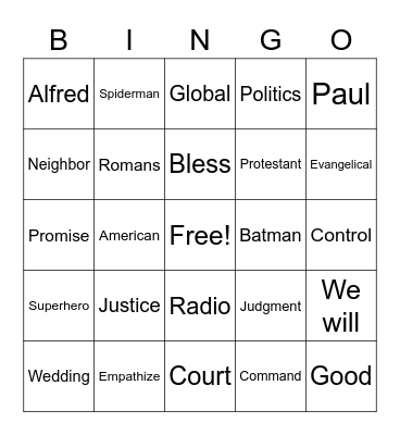 RLLA Sunday Bingo Card