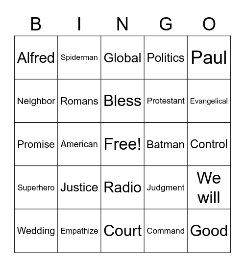 RLLA Sunday Bingo Card