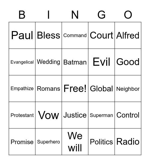 RLLA Sunday Bingo Card