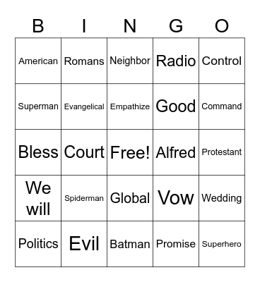 RLLA Sunday Bingo Card