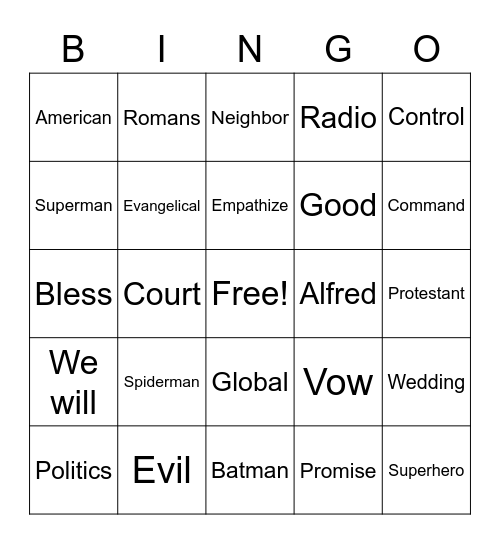 RLLA Sunday Bingo Card