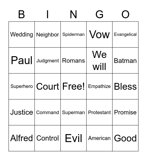 RLLA Sunday Bingo Card