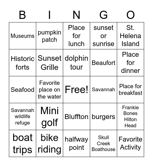 Hilton Head Bingo Card