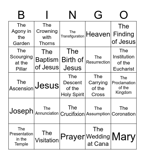 Mysteries of the Rosary Bingo Card