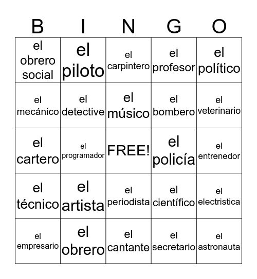Las professiones Bingo Card