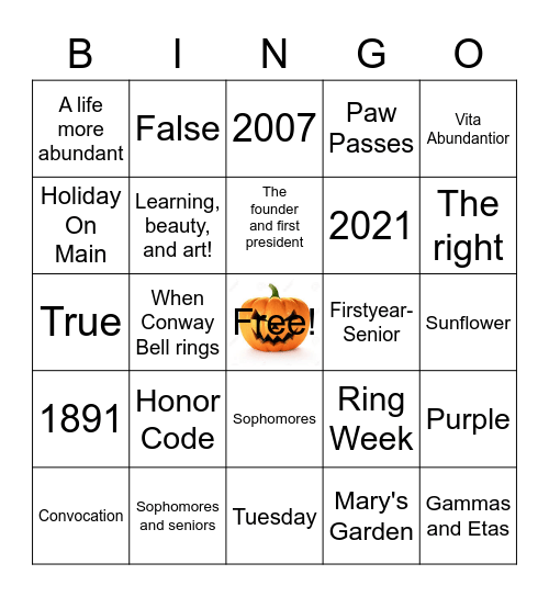 Pumpkin Parade round 1 Bingo Card