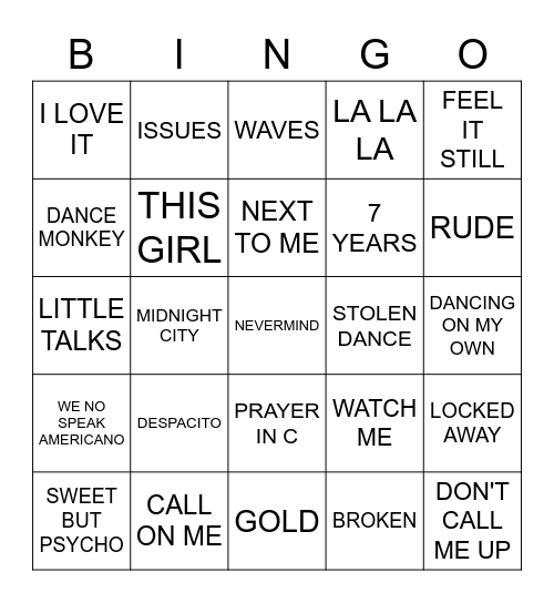 10's one hit wonders Bingo Card