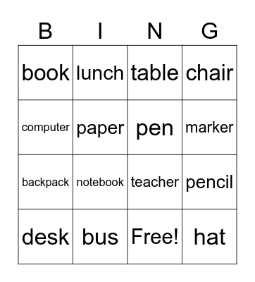 School Words bingo Card