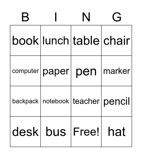 School Words bingo Card