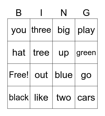 Sight Word Bingo Card