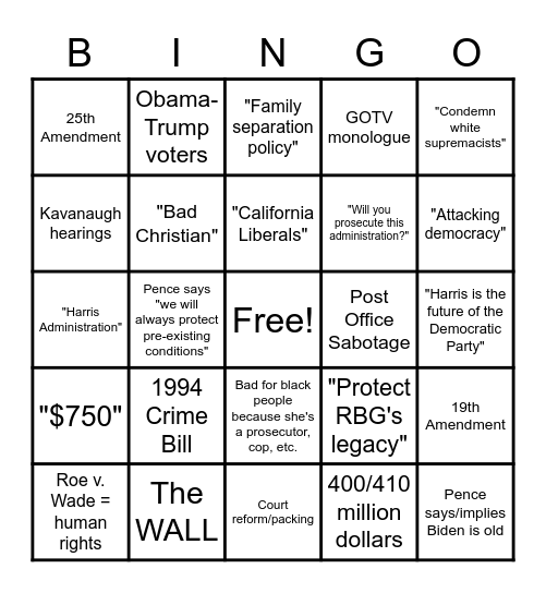 October 7, VP Debate Bingo Card