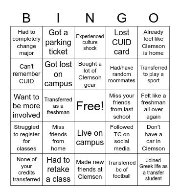 Transfer Experiences Bingo Card