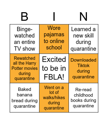 FBLA Quarantine Bingo Card