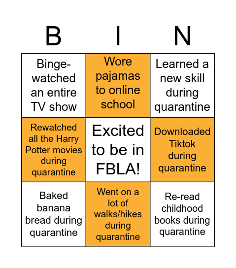 FBLA Quarantine Bingo Card