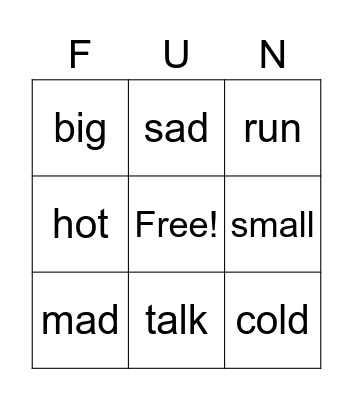 Vocabulary Bingo Card