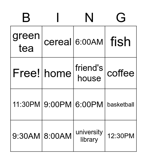 いつ、どこで、なにをしますか。 Bingo Card