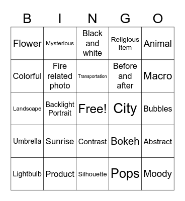 Photography Challenge Bingo Card