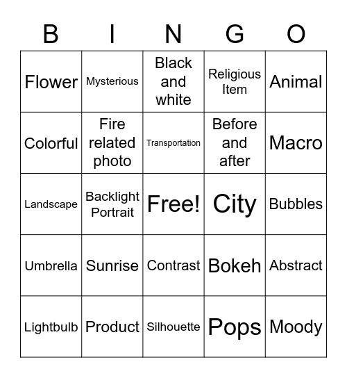 Photography Challenge Bingo Card