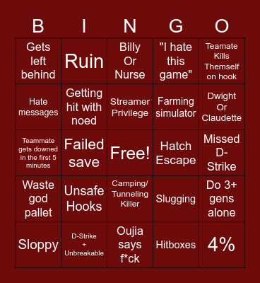 Dead By Daylight bingo Card