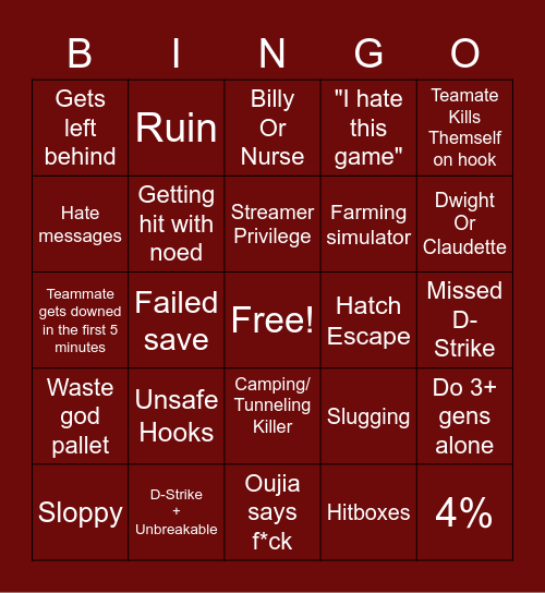 Dead By Daylight bingo Card