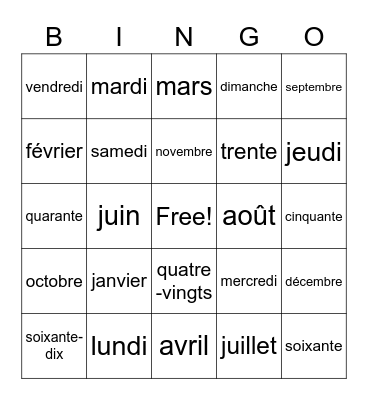 Les mois, les jours et les numéros Bingo Card