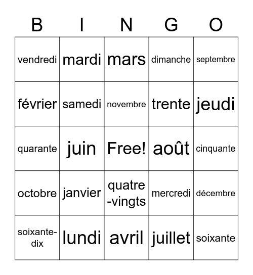 Les mois, les jours et les numéros Bingo Card