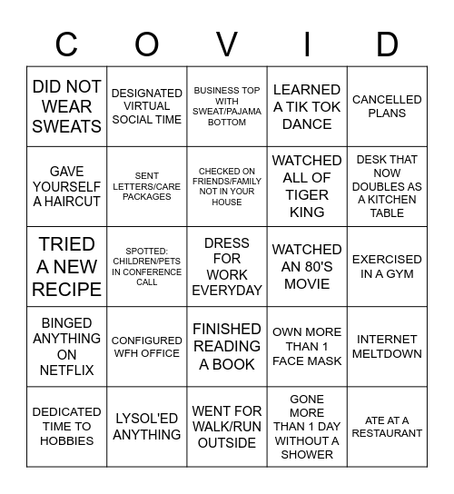 COVID Bingo Card