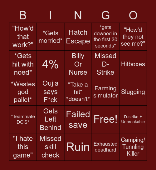 Dead By Daylight Bingo Card