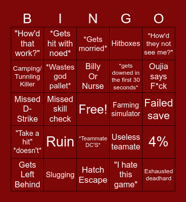 Dead By Daylight Bingo Card